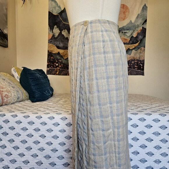 Vintage Talbots Linen Blend Wrap Skirt Size 8 Blue Beige Check Plaid Midi USA - Picture 8 of 14